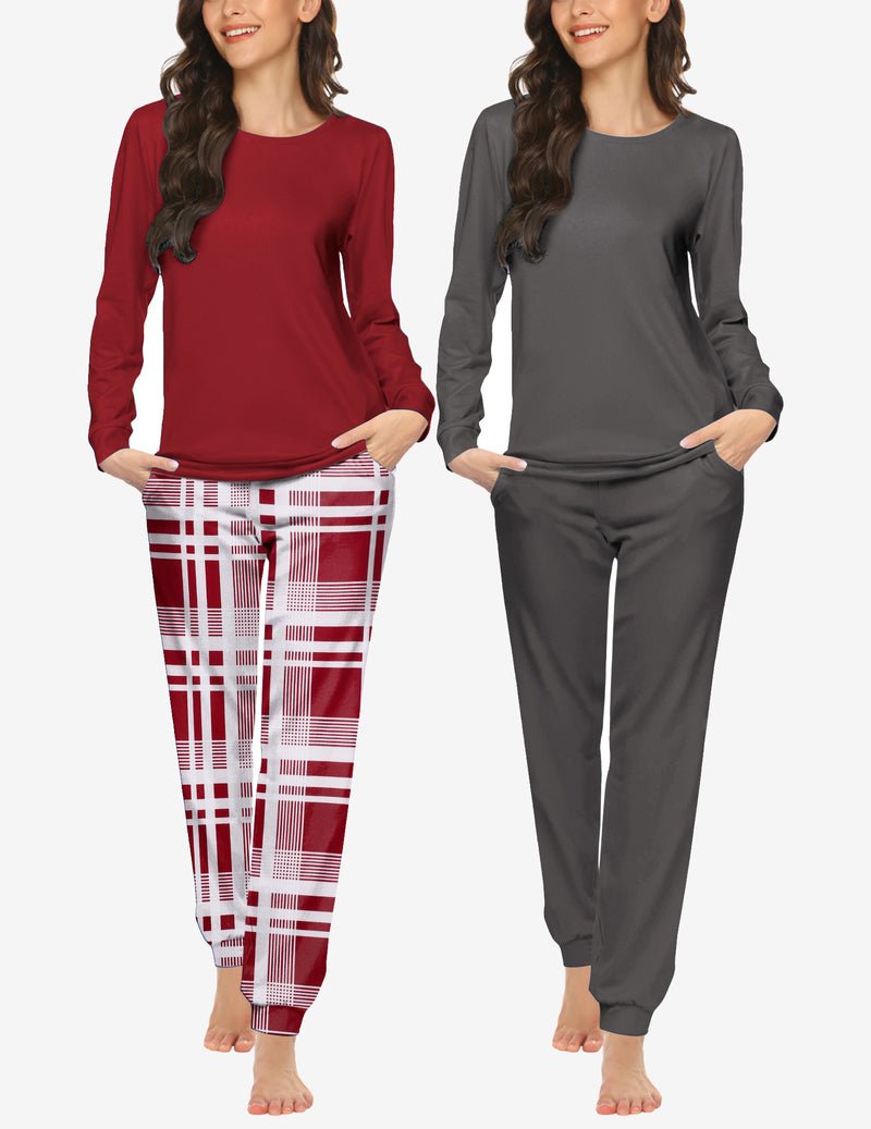 2-piece pajama set: long-sleeve top and jogger pants; red top with plaid pants; gray solid