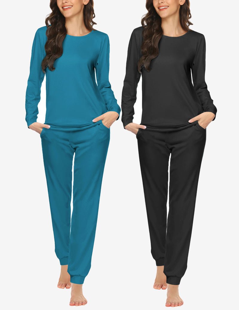 2-piece pajama set: long-sleeve top and jogger pants; teal solid; black solid