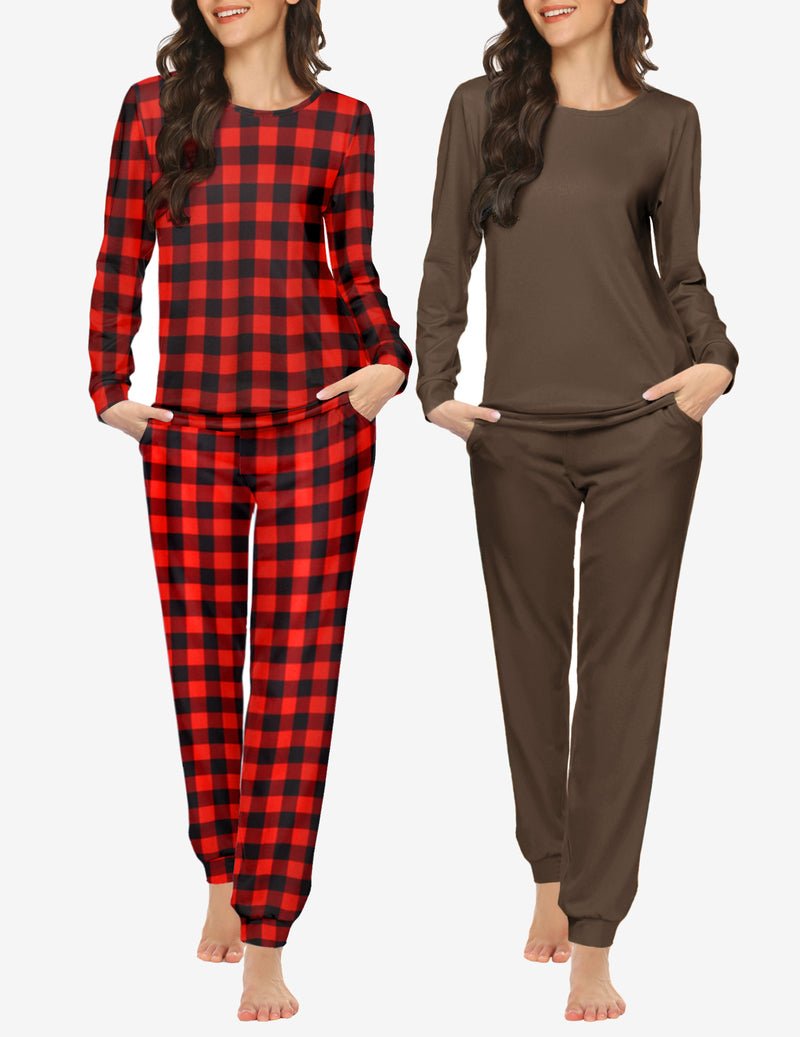 2-piece pajama set: long-sleeve top and jogger pants; red buffalo plaid; brown solid