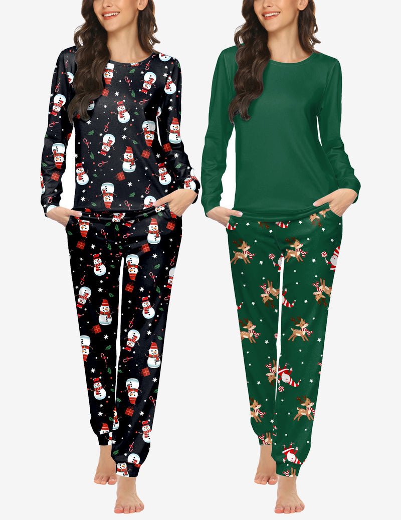 2-piece pajama set: long-sleeve top and jogger pants; black snowman print; green festive print
