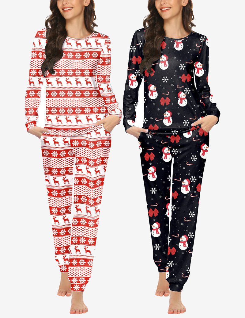 2-piece pajama set: long-sleeve top and jogger pants; red holiday stripe print; black snowman print