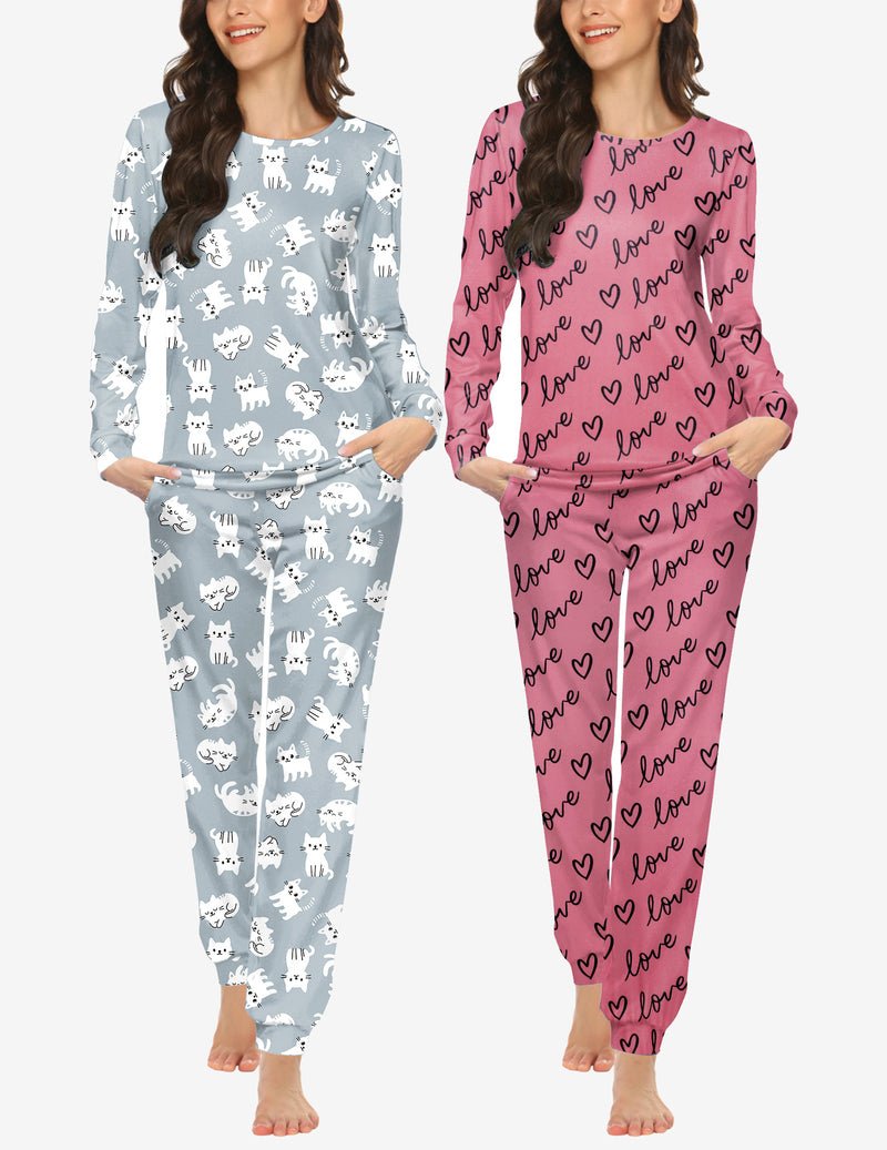 Conjunto pijama manga larga y jogger: gatitos sobre azul claro y rosa con corazones