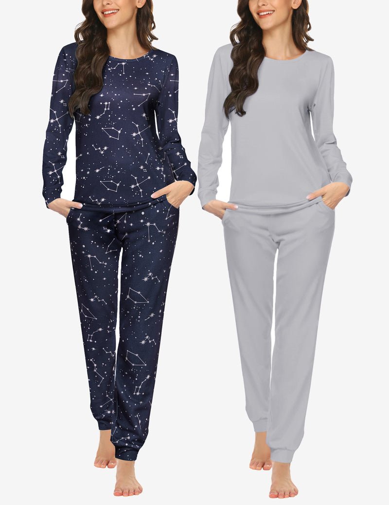 2-piece pajama set: long-sleeve top and jogger pants; navy space print; light gray solid