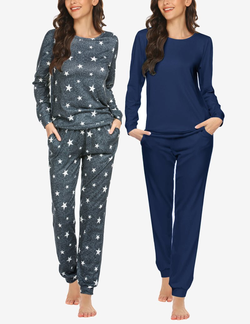 2-piece pajama set: long-sleeve top and jogger pants; dark gray star print; navy solid