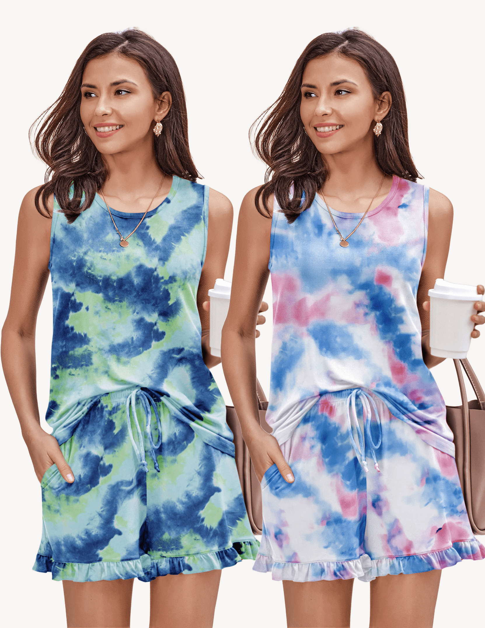 Ekouaer 2 Pack Pajama Set Print Sleepwear Tank Tops and Ruffled Shorts
