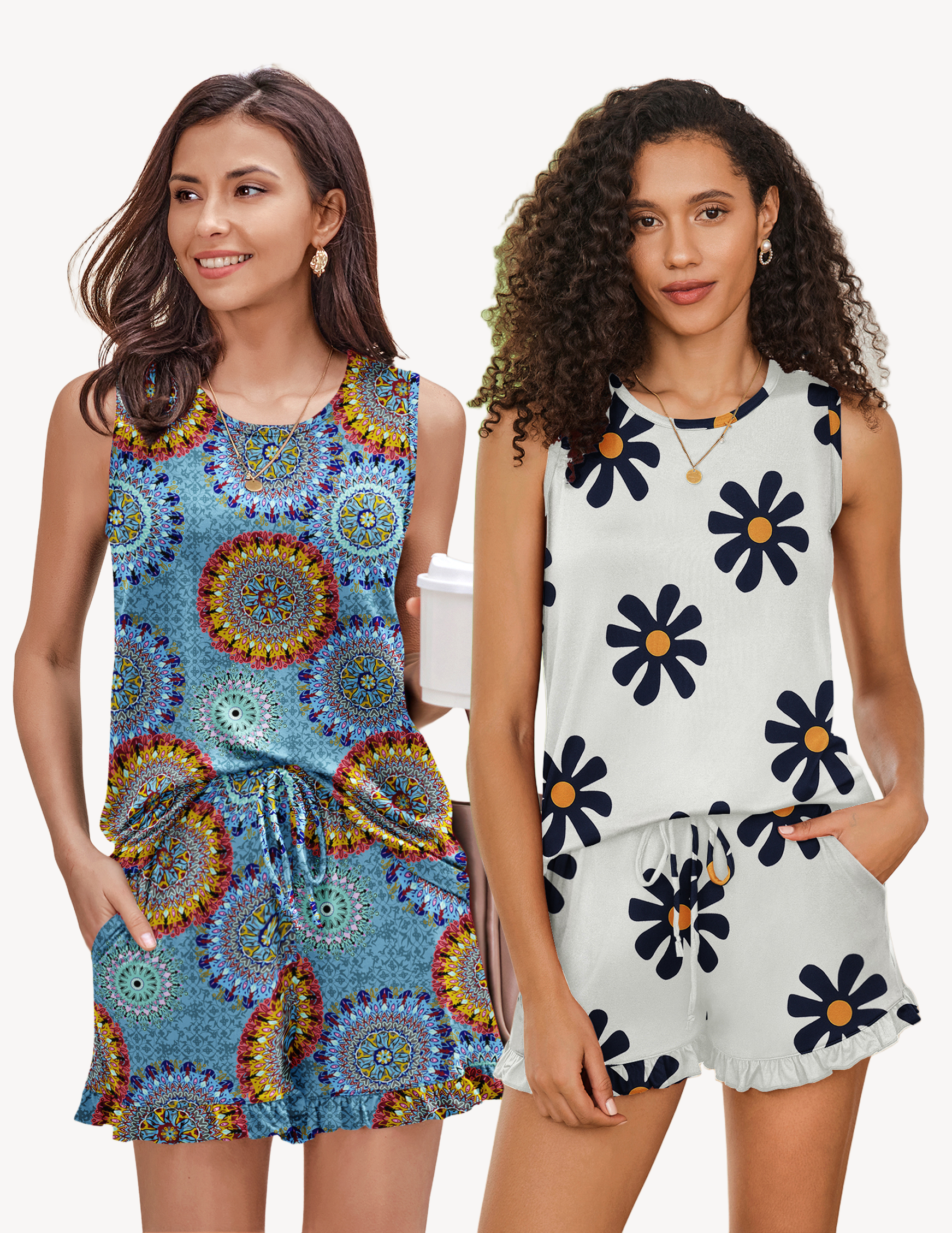 Ekouaer 2 Pack Pajama Set Print Sleepwear Tank Tops and Ruffled Shorts