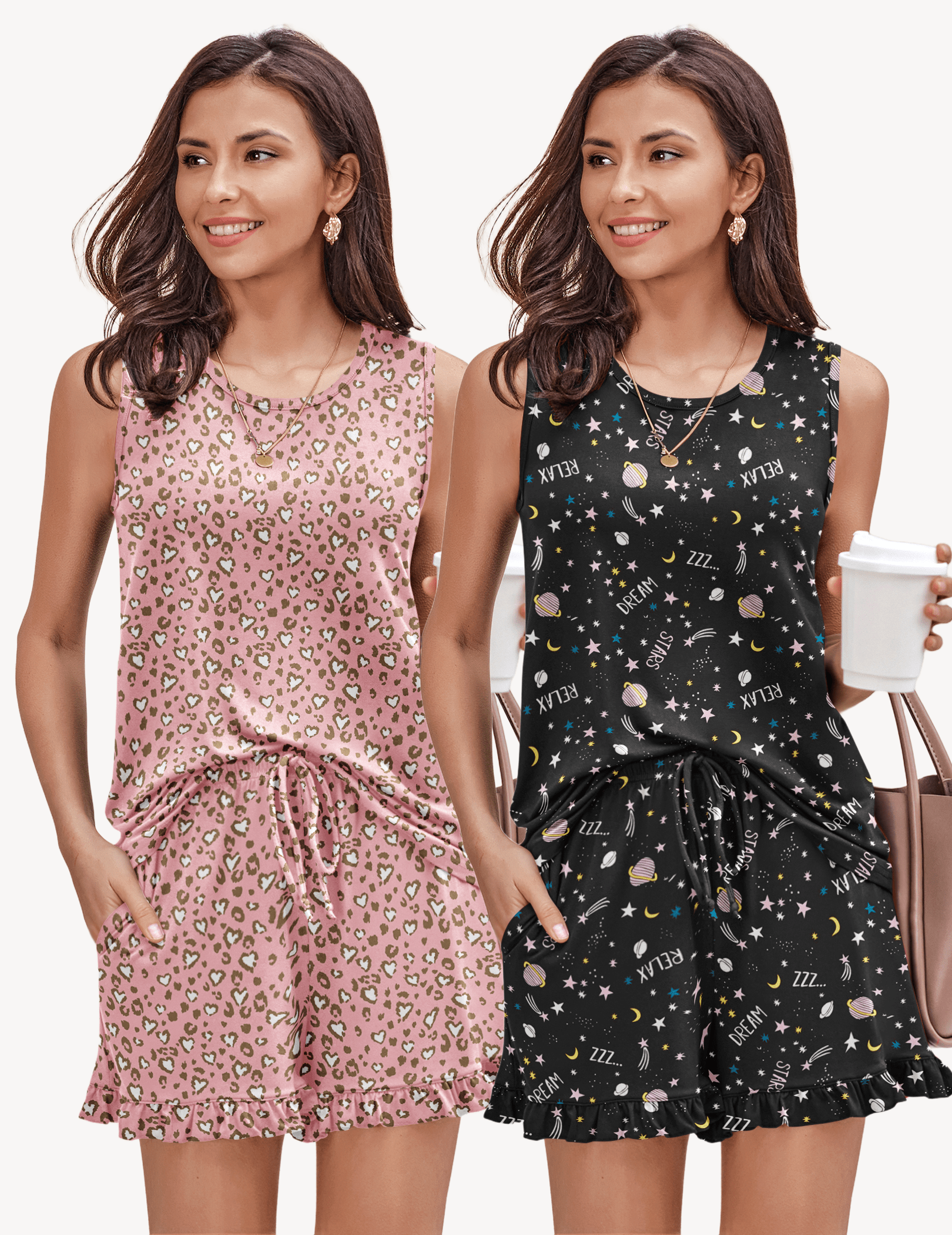 Ekouaer 2 Pack Pajama Set Print Sleepwear Tank Tops and Ruffled Shorts