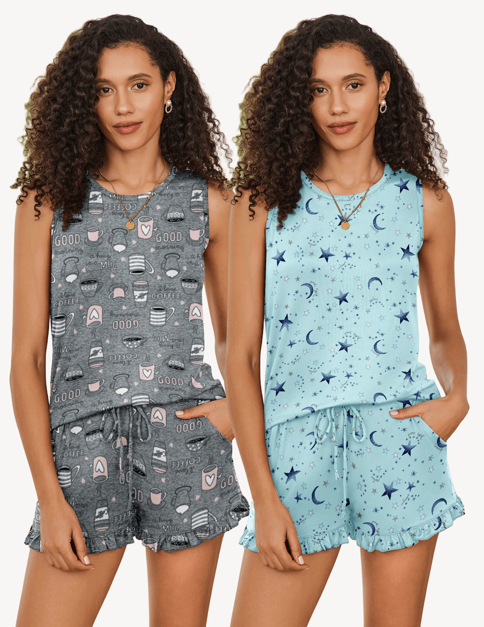 Ekouaer 2 Pack Pajama Set Print Sleepwear Tank Tops and Ruffled Shorts