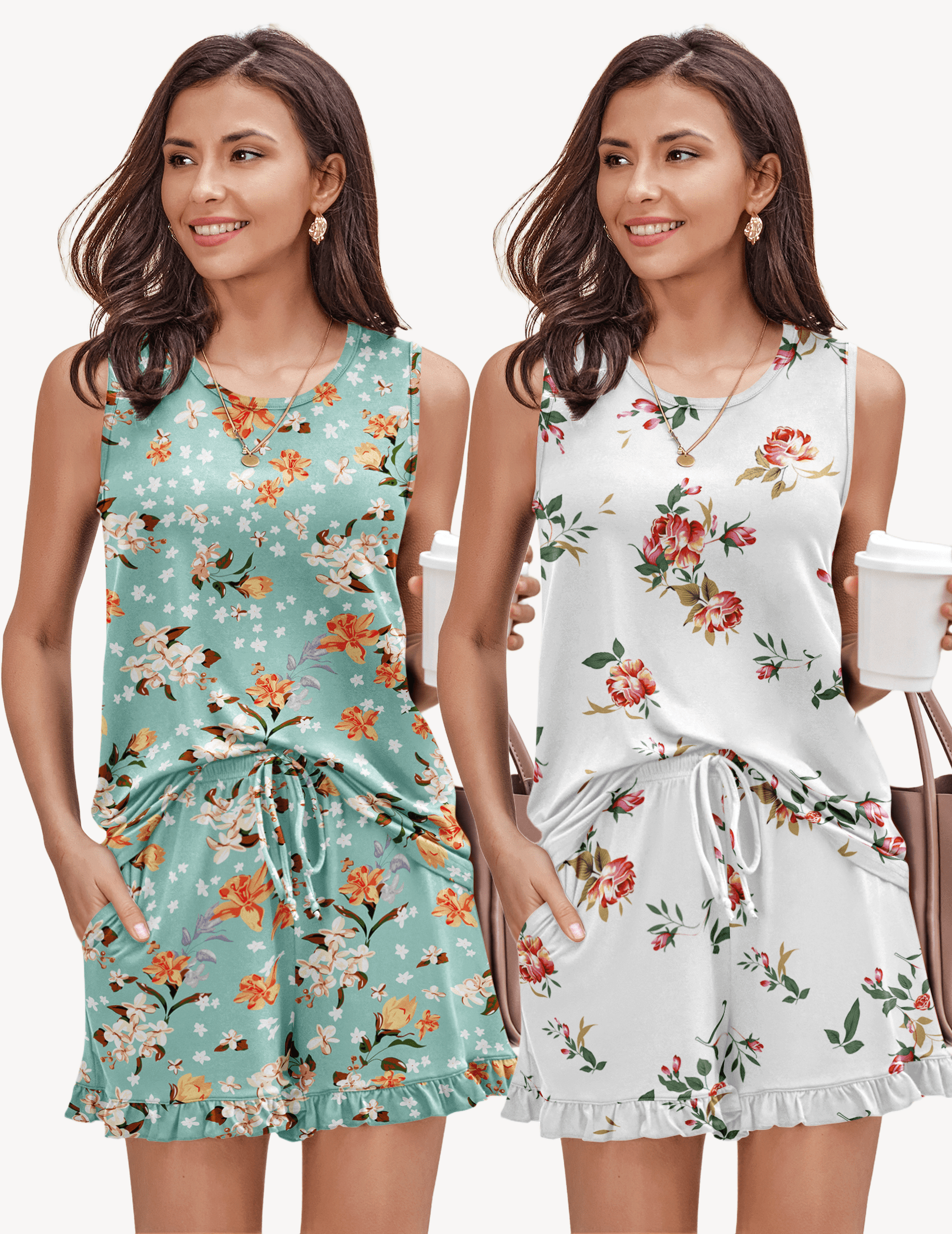 Ekouaer 2 Pack Pajama Set Print Sleepwear Tank Tops and Ruffled Shorts