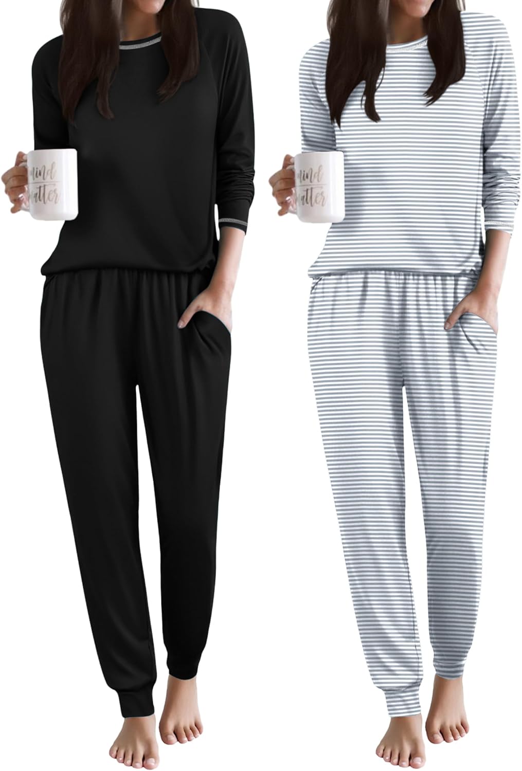 Black solid and white/gray striped pajama sets