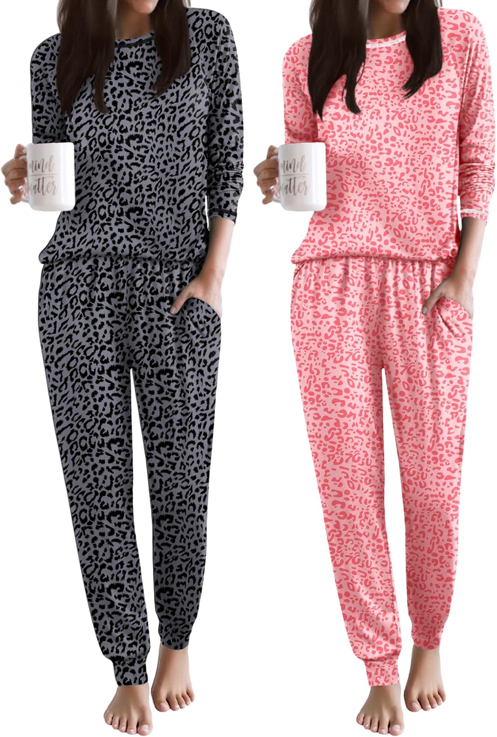 Leopard pajama set: black-on-grey leopard long-sleeve with matching pants; pink leopard set