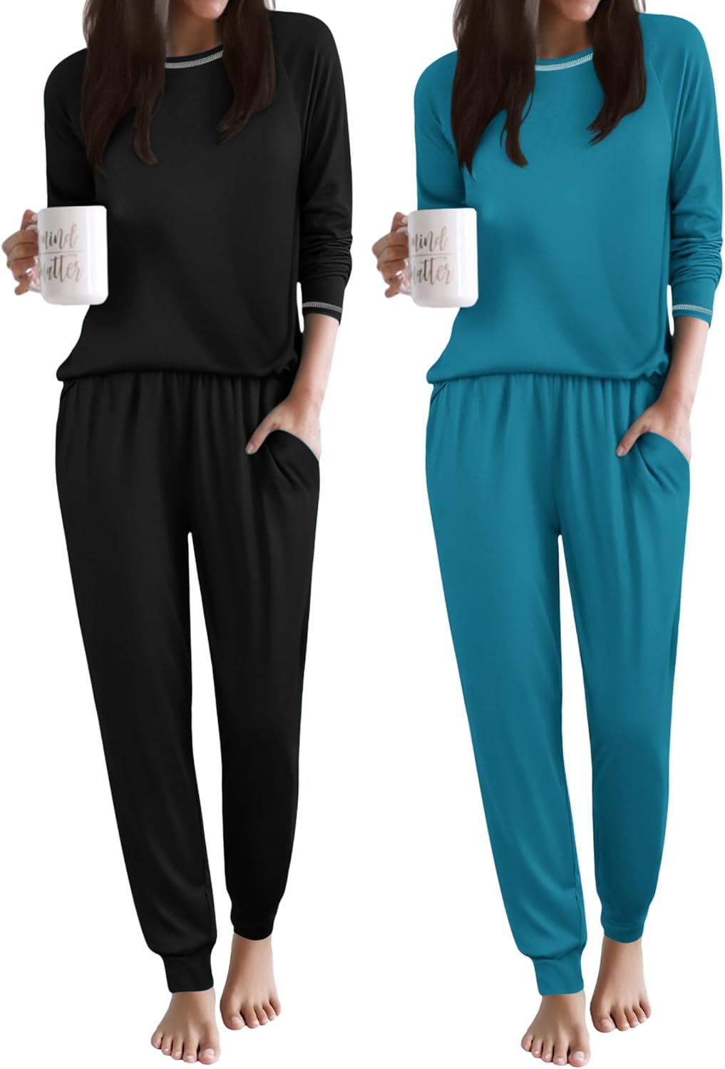Two-pack: black long-sleeve top with black jogger pants and teal set with joggers