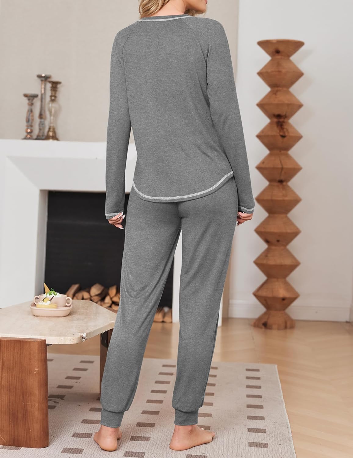 Pyjama-Set, langarm grau mit Kontrastsaum, lange Hose