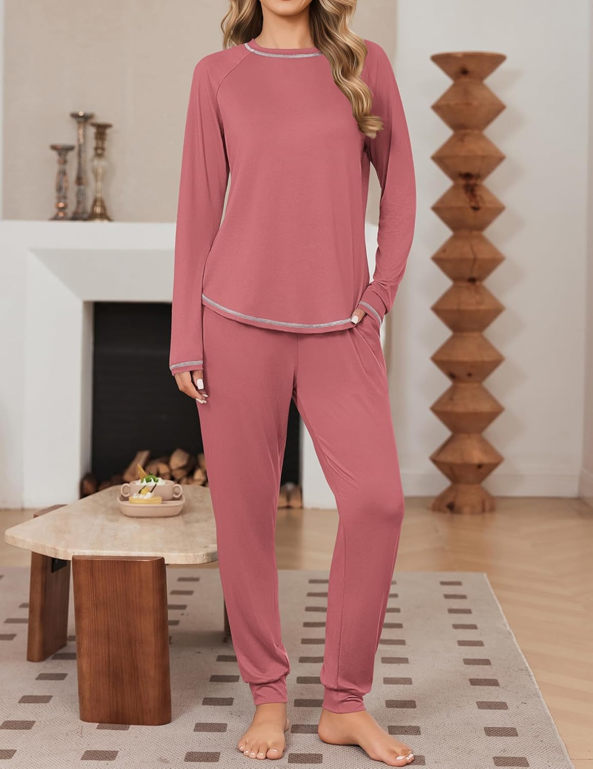 Pyjama-Set (2er), langarm rosa mit Kontrastbesatz, lange Hose