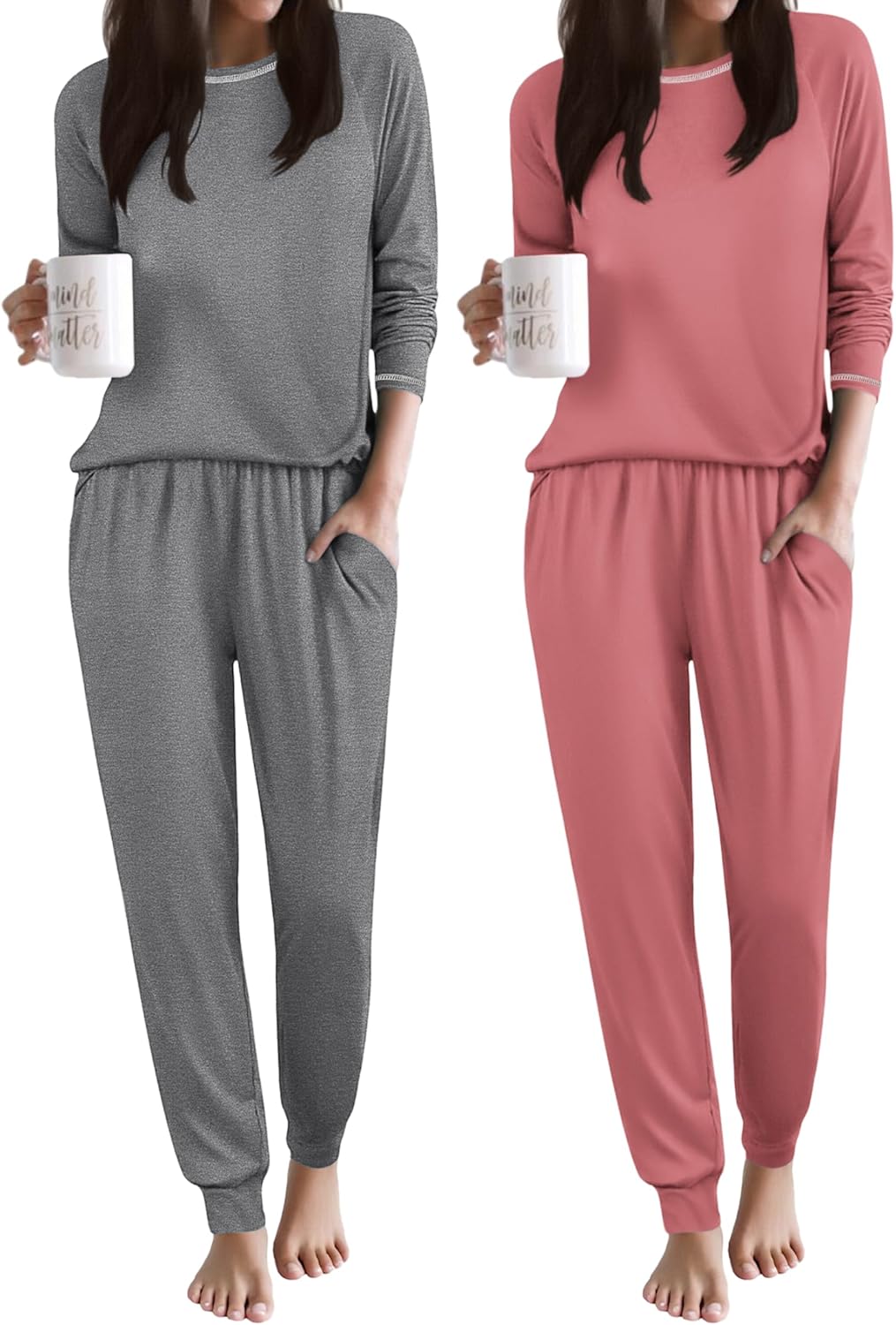 2-piece pajama set: grey long-sleeve top with grey joggers; rose-pink matching set