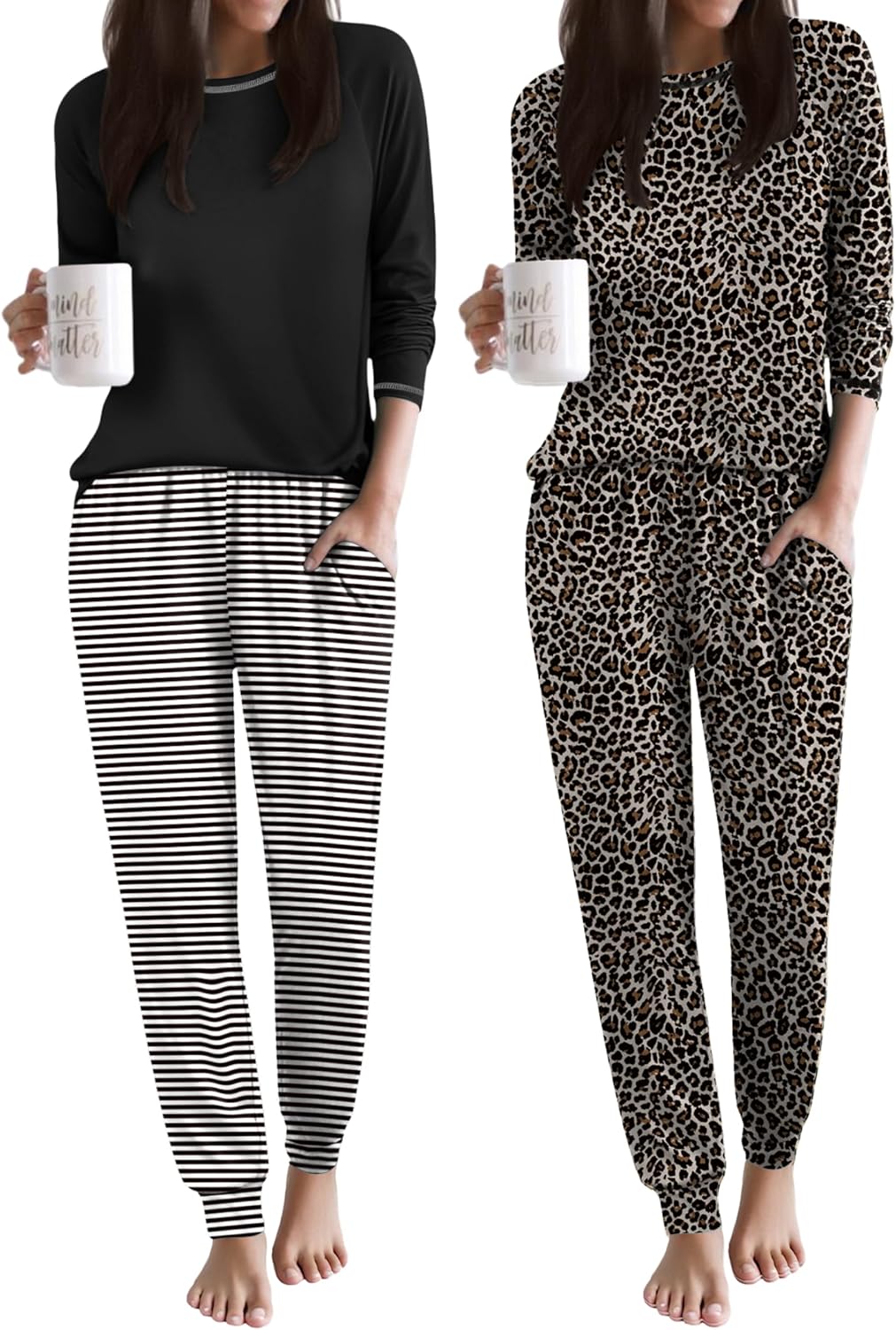 Stripe and leopard pajama sets: black top with black/white striped joggers; leopard long-sleeve
