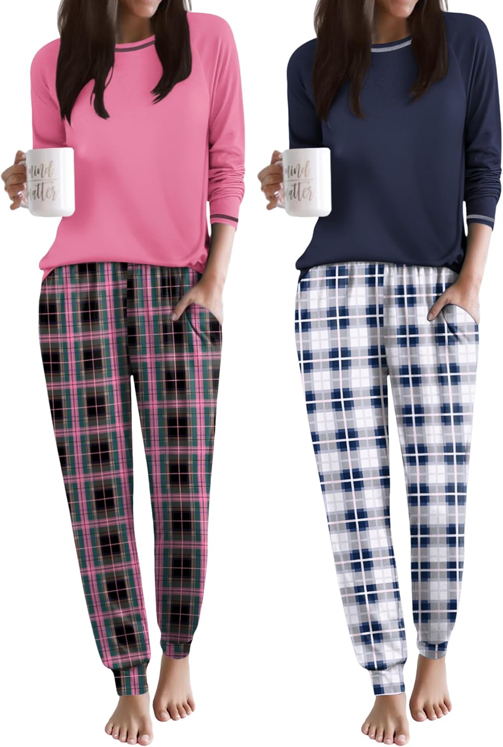Pyjama-Set 2er-Pack: Pinkes Oberteil mit karierten Hosen, dunkles Oberteil mit karierten Hosen