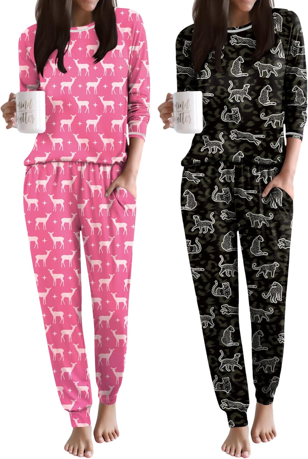 2er-Pack Pyjama-Set mit Hundemotiv: Pink mit passender Hose sowie Schwarz mit Hose