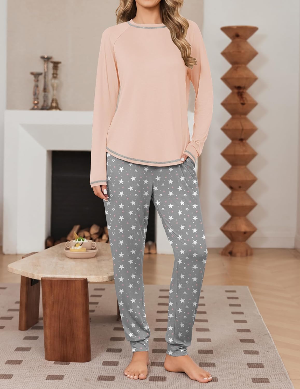 Peach long-sleeve pajama top with grey star print jogger pants