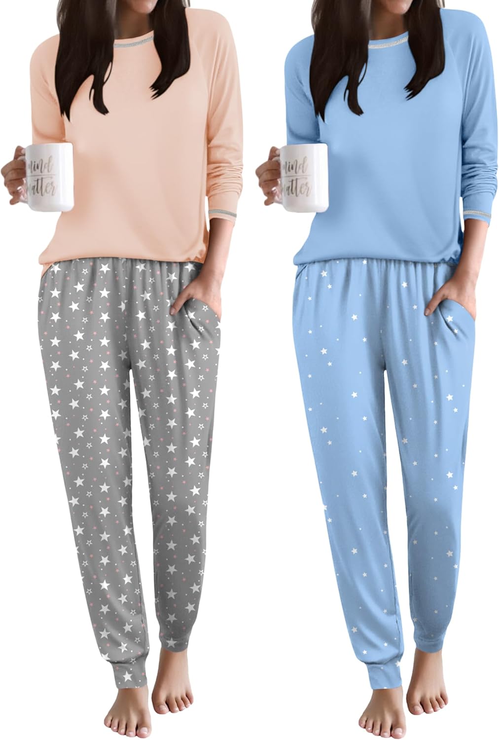 Two-pack: pink top with grey star joggers and blue top with light-blue star joggers