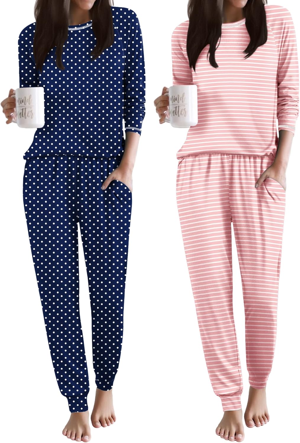 Navy polka-dot and pink striped pajama sets