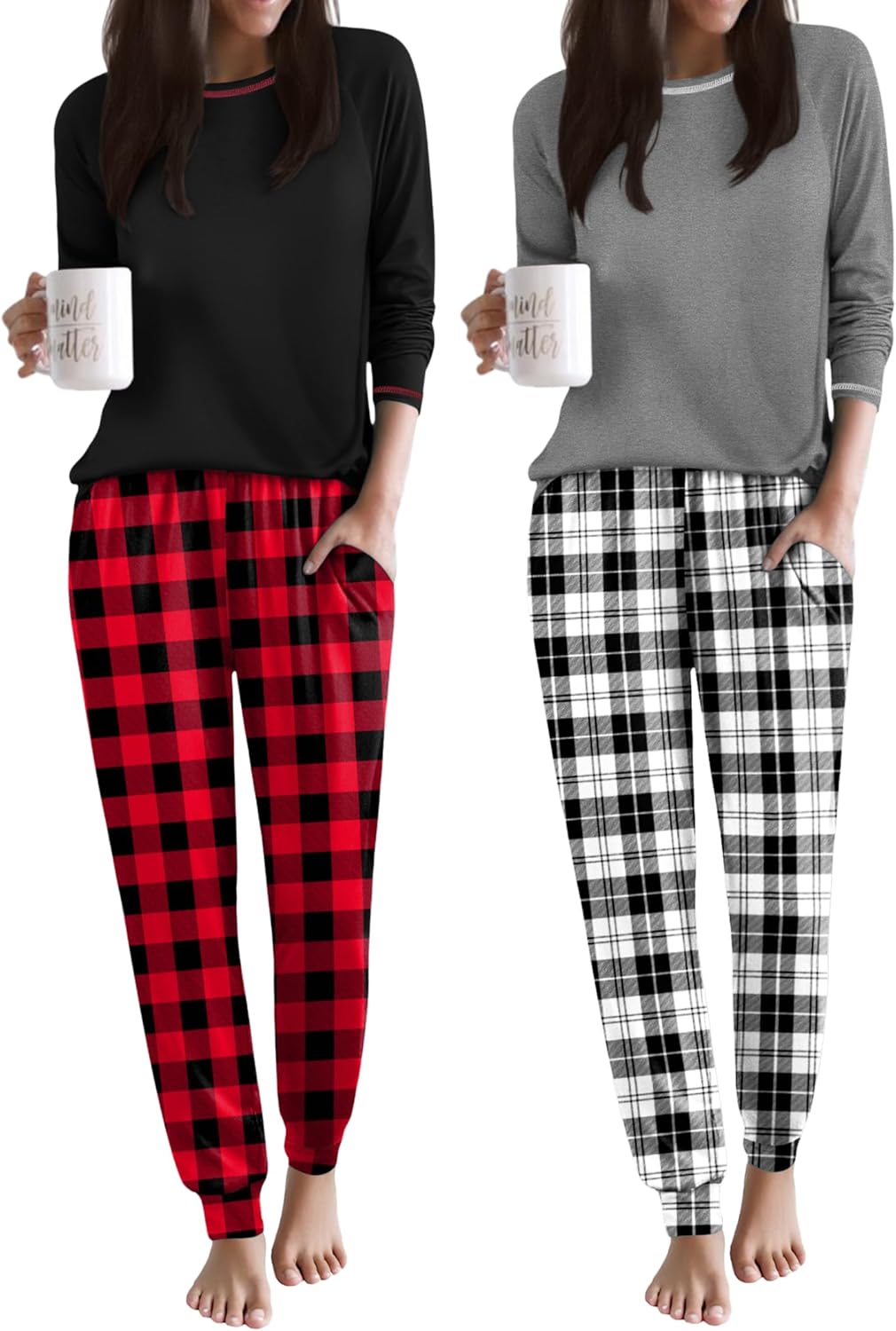 Red plaid jogger pajama set with black long-sleeve top and red trim cuffs