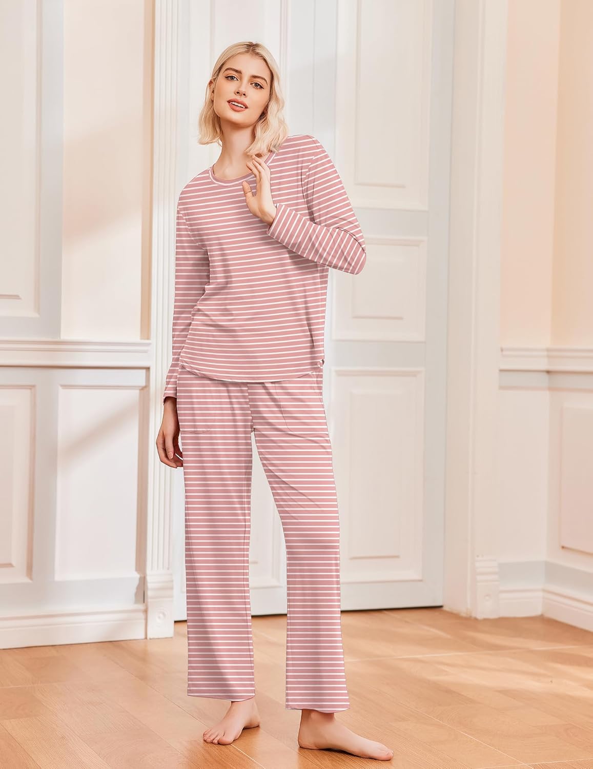 Pink and white striped long-sleeve pajama set, matching top and wide-leg pants