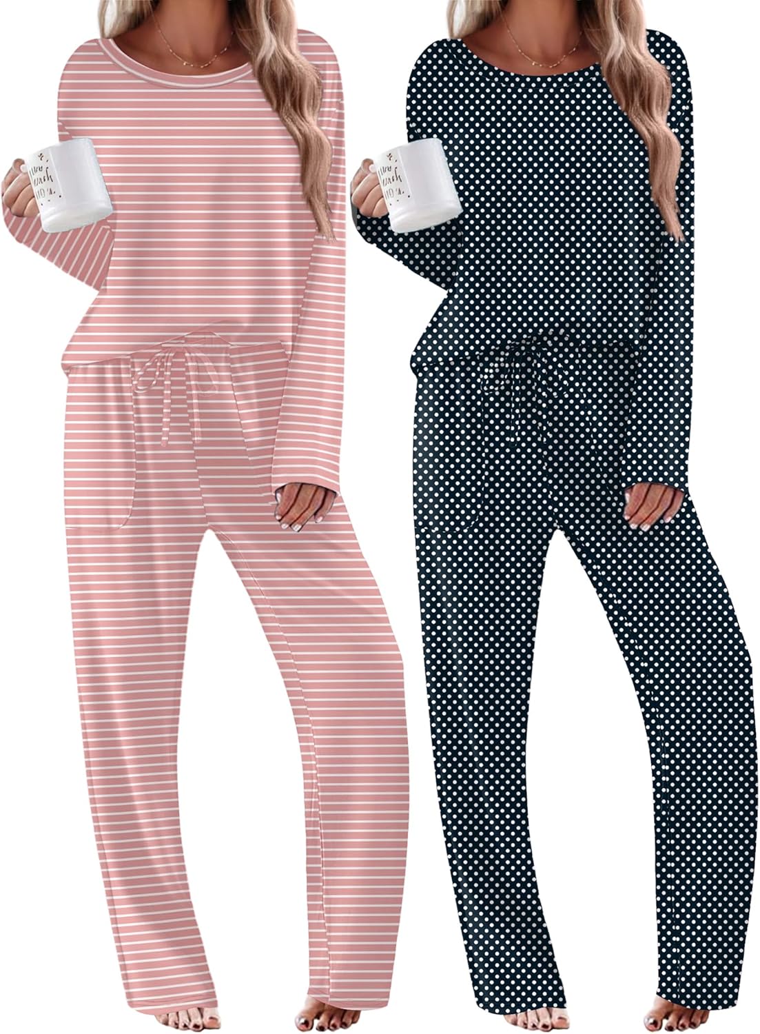 Two long-sleeve pajama sets: pink striped set and black with white polka dots set