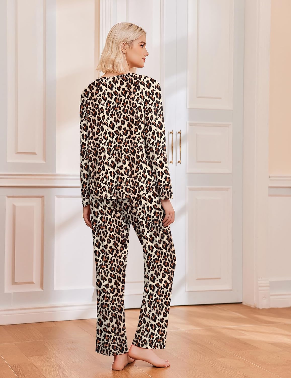 Leopard print long-sleeve pajama set with matching pants, back view