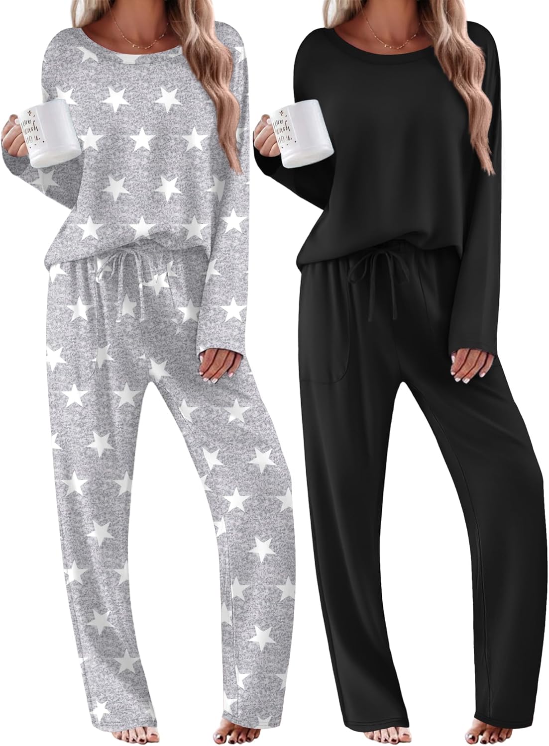 2-teiliges Pyjama-Set mit langen Ärmeln, grau meliert, weiße Sterne auf Oberteil und Hose