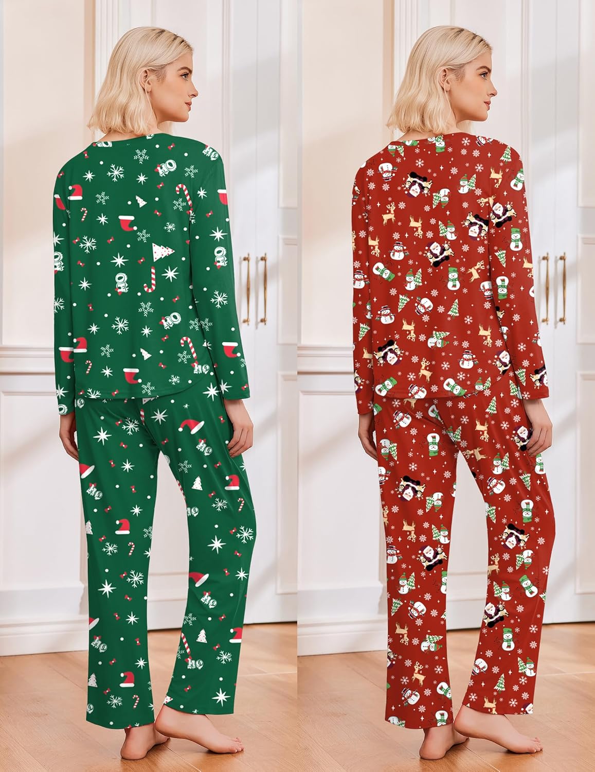 2-pack pajamas from back view: green holiday-print set and red holiday-print set