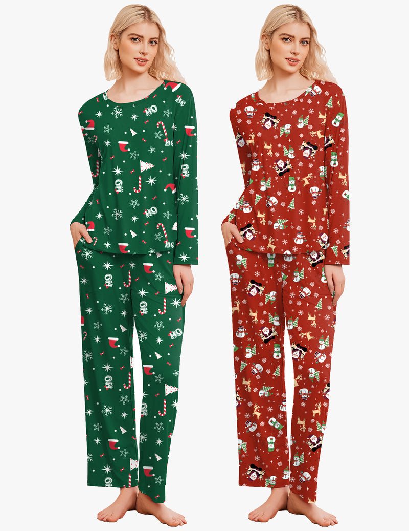 2-pack pajamas: green long-sleeve set with holiday print and red long-sleeve set with holiday print