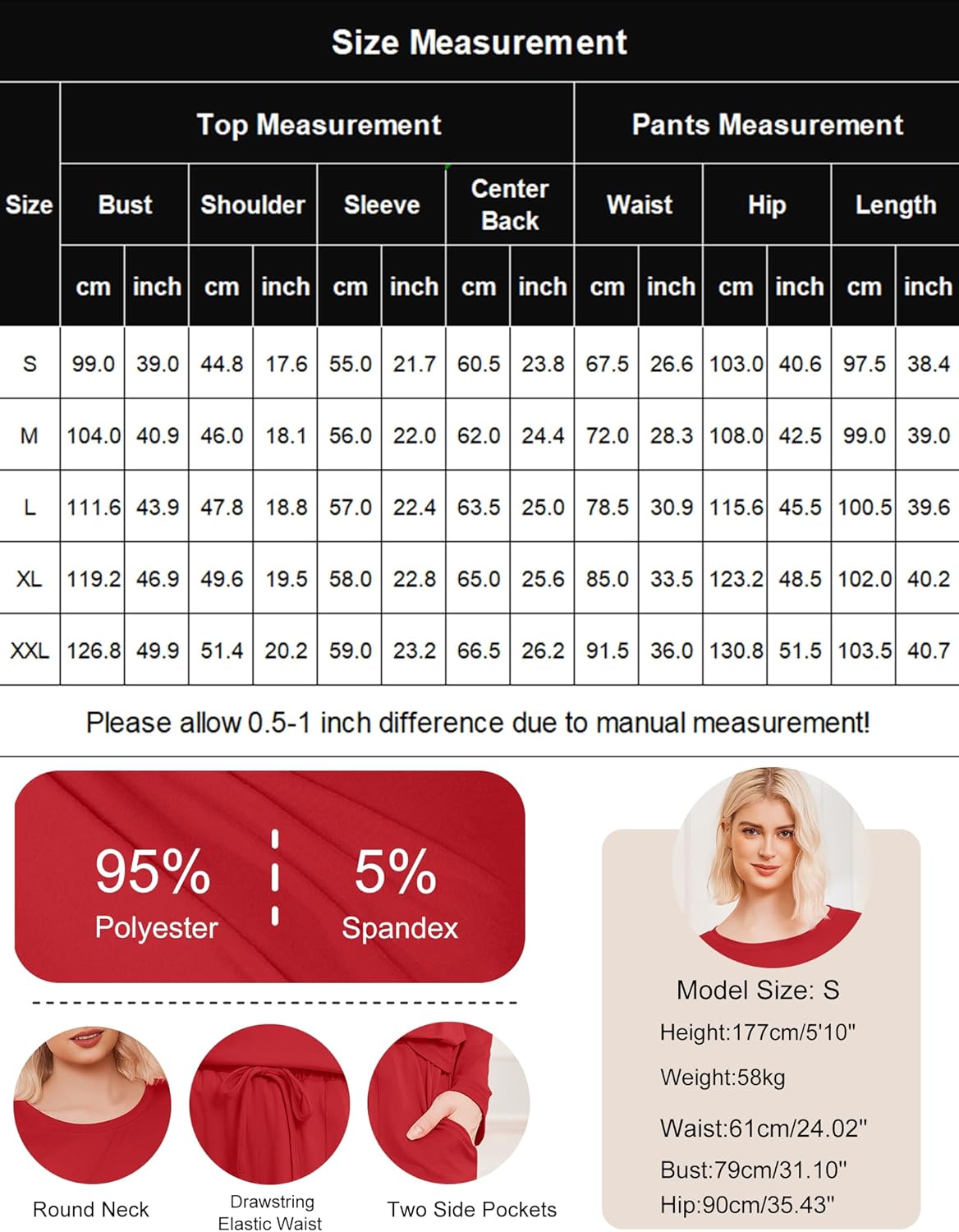 Size measurement chart with polyester/spandex blend and top/pants measurements for S–XXL