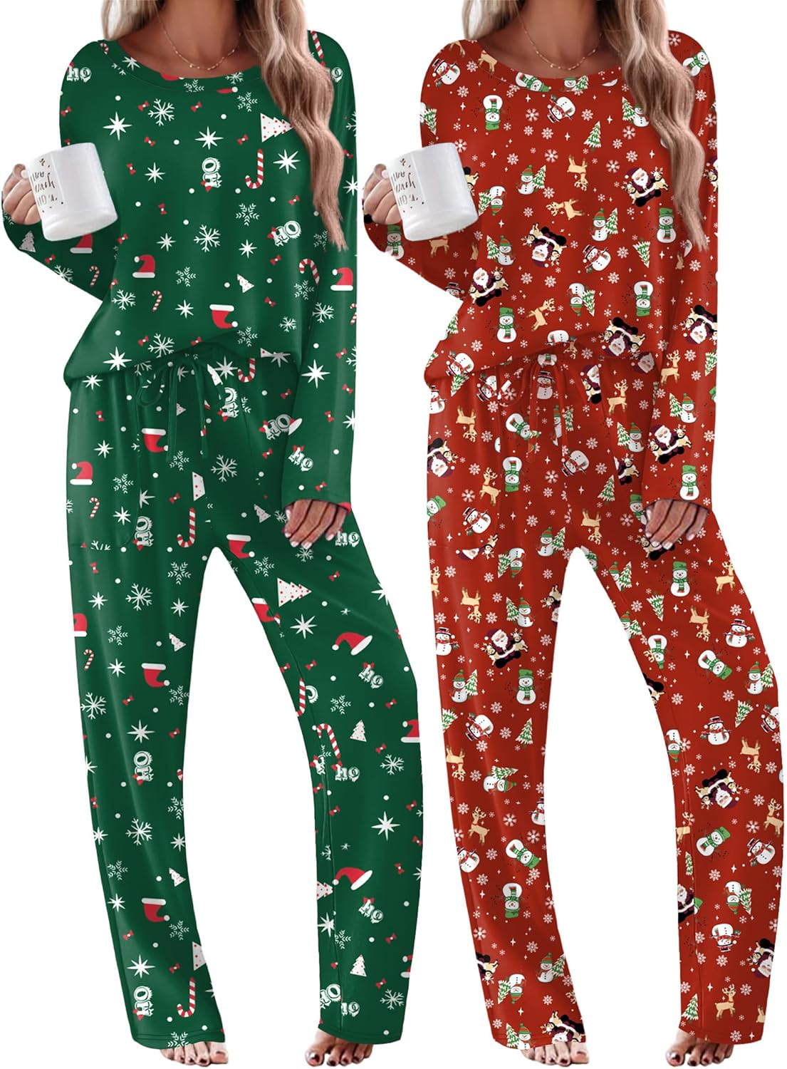 2-pack pajamas close-up: green holiday-print long-sleeve top with matching pants and red set
