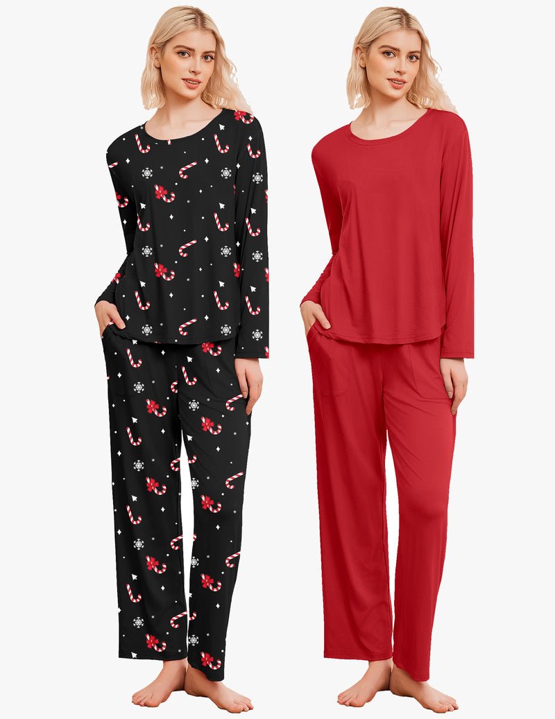 2-pack pajamas: black festive candy print long-sleeve top and pants with red solid set