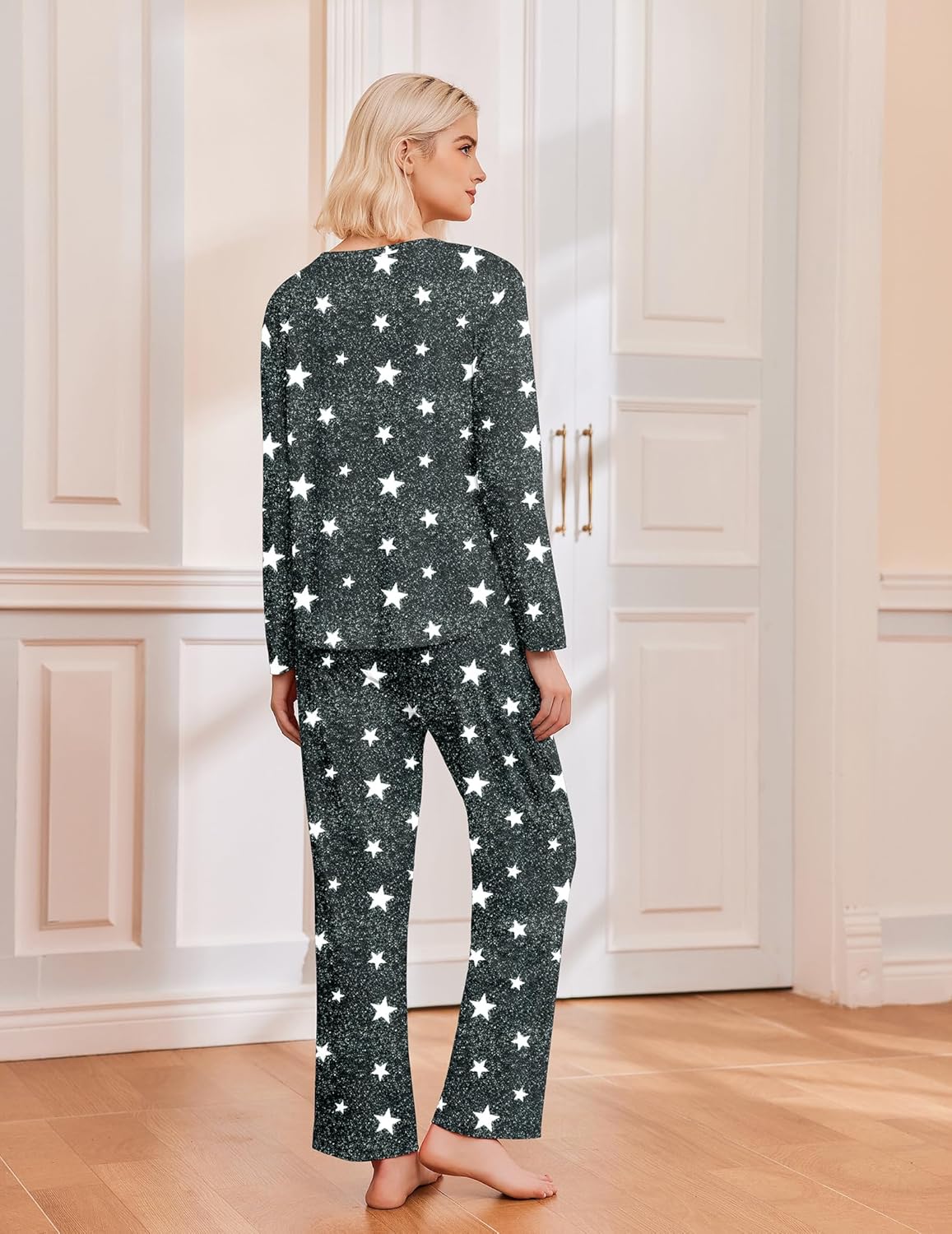 Long sleeve pajama set in dark grey with white star print