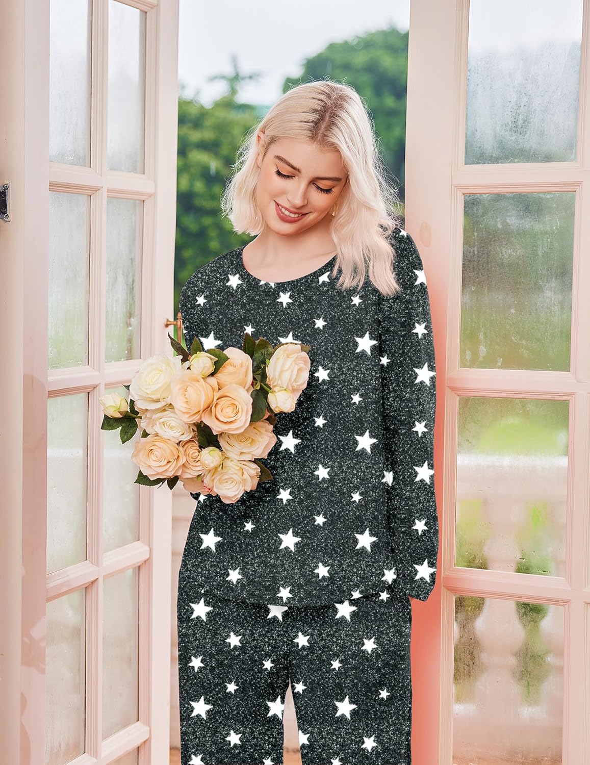 Long sleeve pajama set in dark grey with allover white star pattern