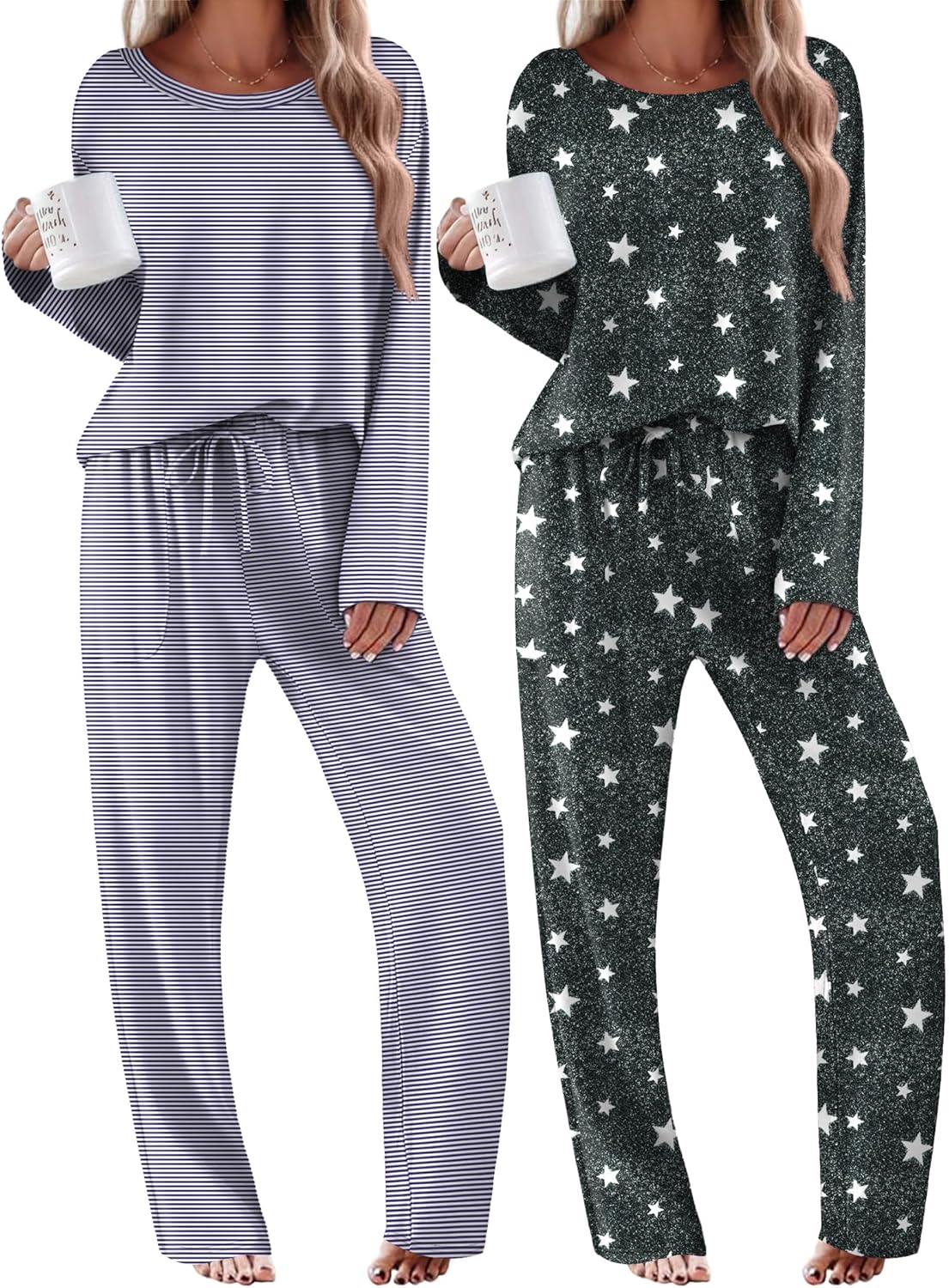Two-piece pajama sets: striped long-sleeve set and dark star-print set