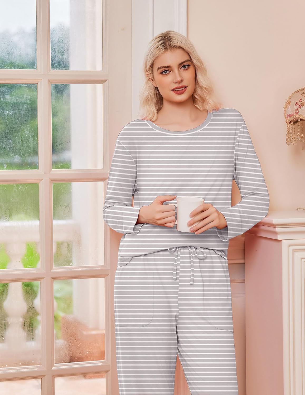 Grey-and-white striped long-sleeve pajama top with drawstring pants set