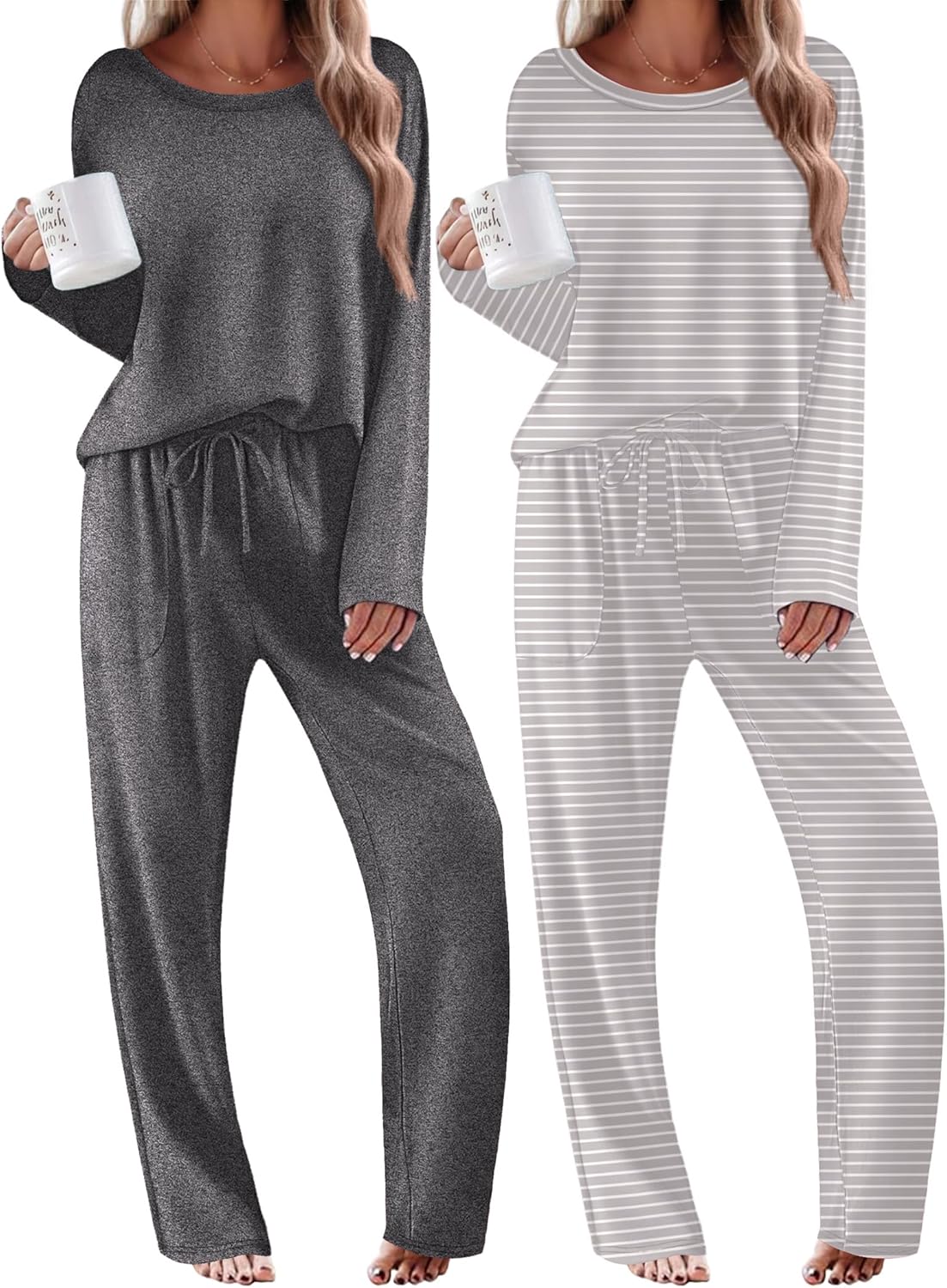 Dark grey long-sleeve pajama top with dark grey wide-leg drawstring pants set