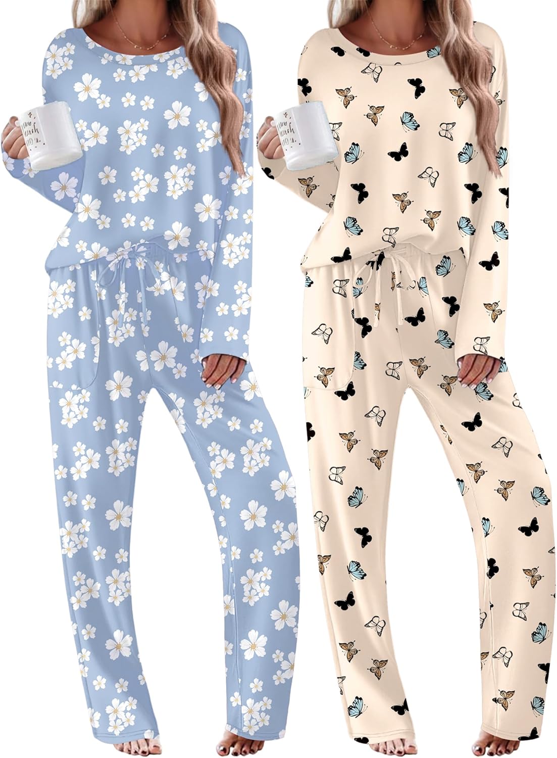 2-pack pajamas: light blue daisy print set and cream set with butterfly/bow pattern