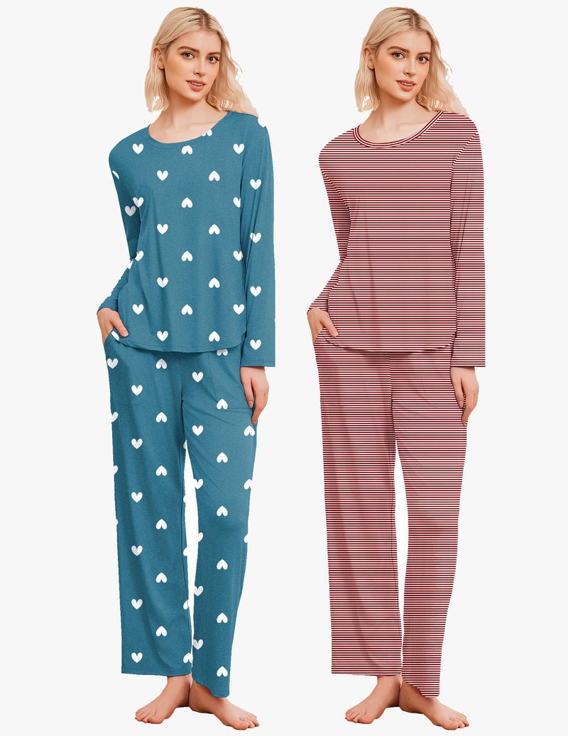 2-pack pajamas: teal with white heart print and red-and-white striped long-sleeve set