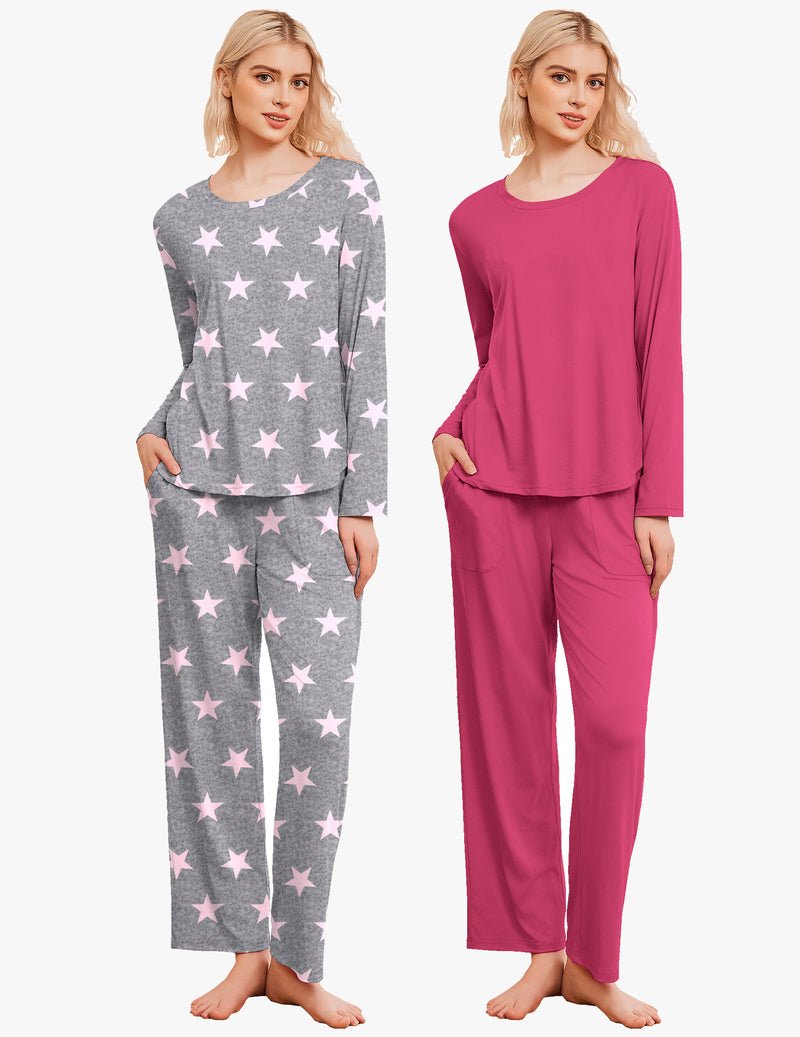 2-pack pajamas: gray with white star print set and solid magenta long-sleeve set