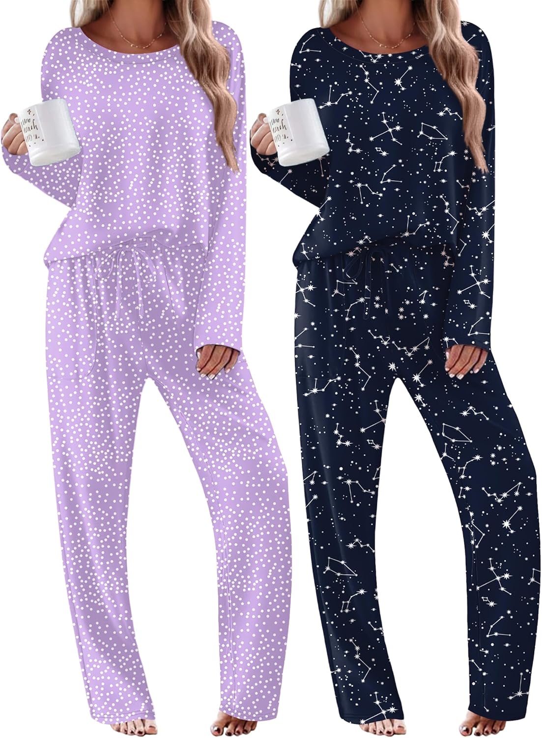 Two-piece sets: lilac polka-dot pajama set and navy star pajama set