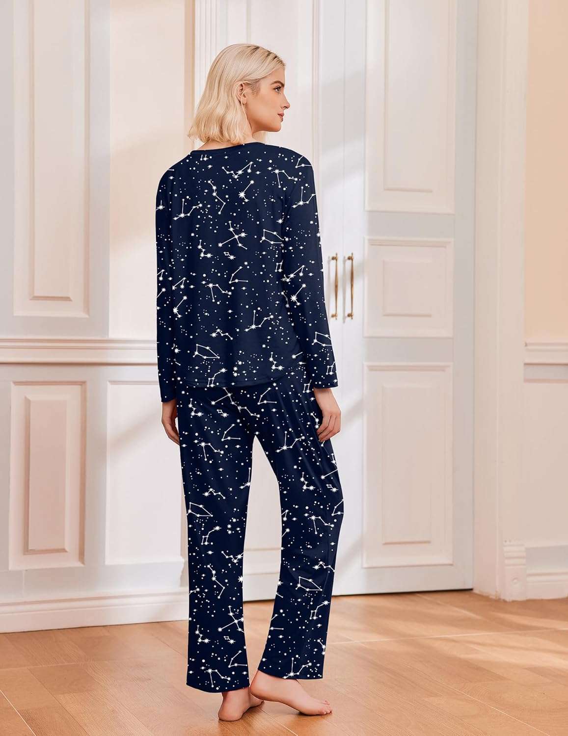 Navy pajama set with white star print, long sleeves and straight pants