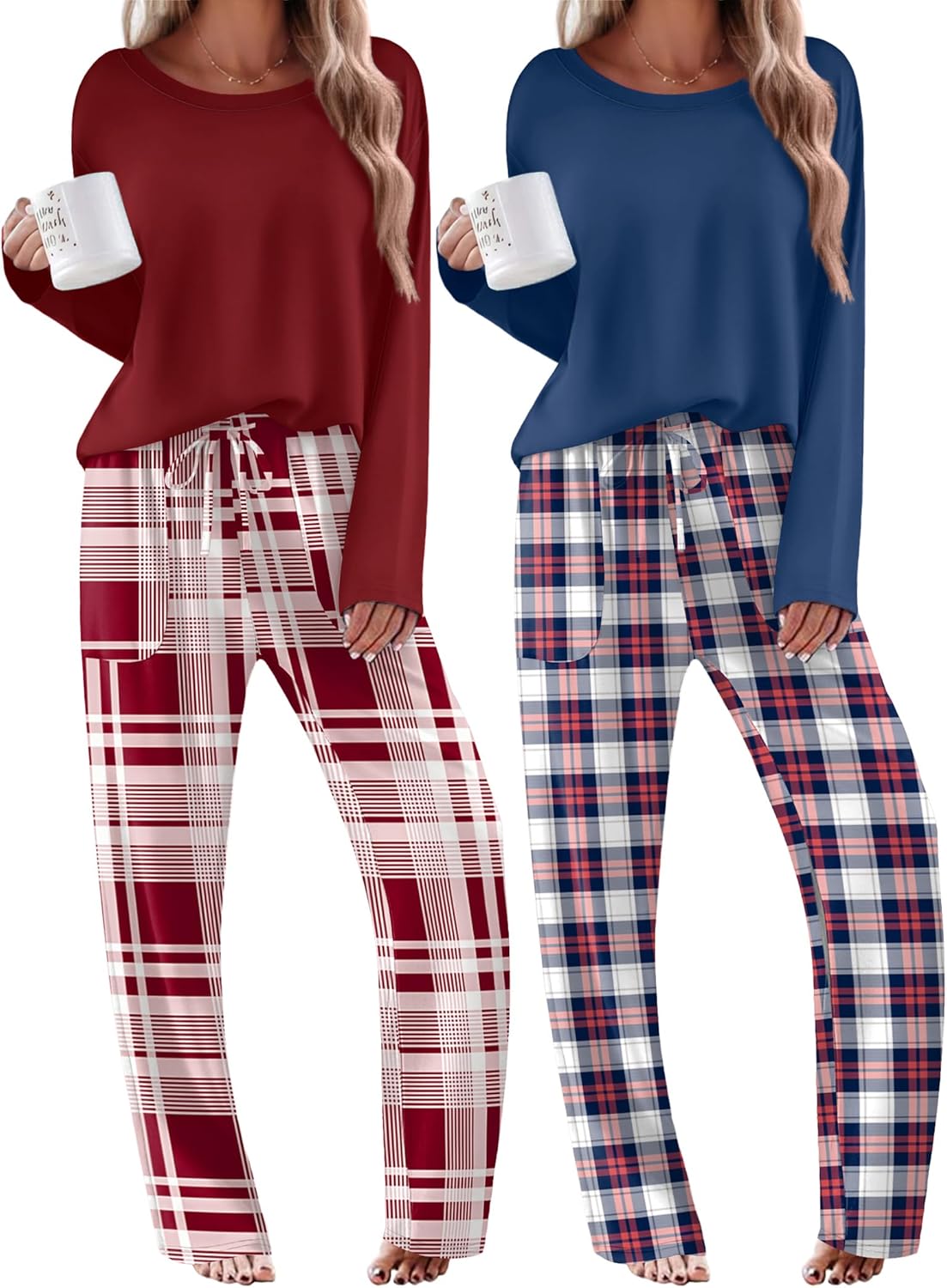 2er-Set Pyjama: bordeauxrotes Oberteil mit karierten Hosen; blaues Oberteil mit karierten Hosen