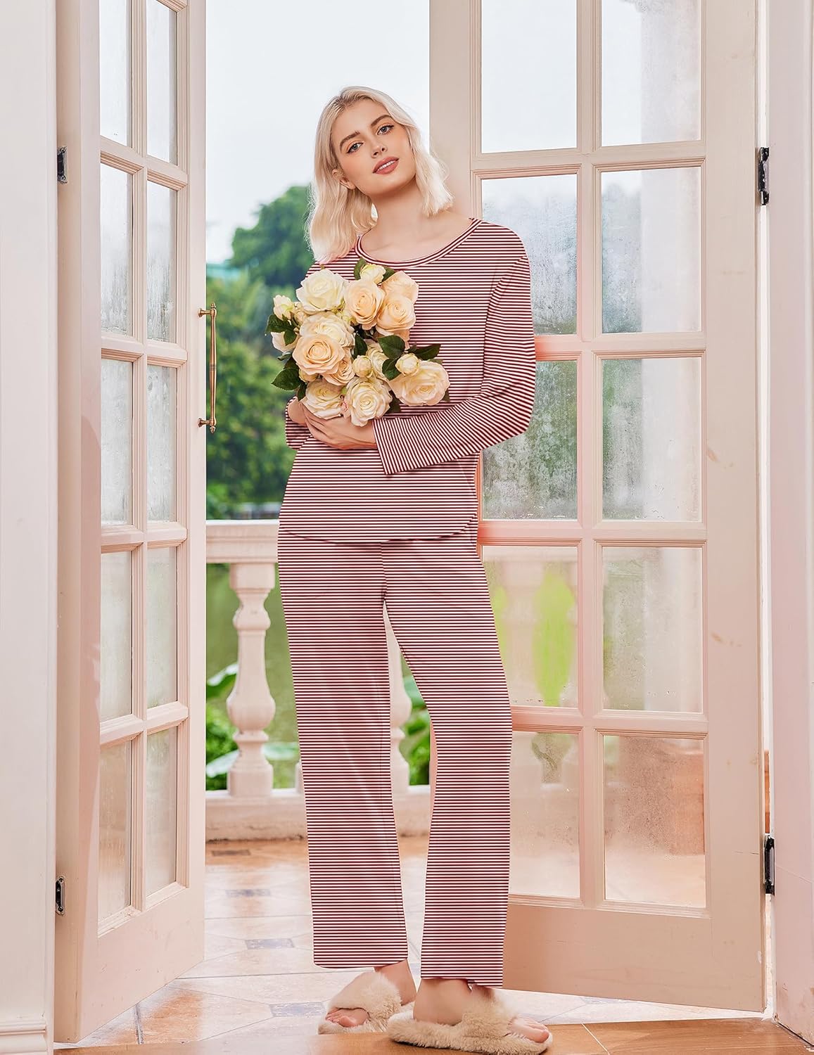 Red striped long-sleeve pajama set with relaxed fit pants
