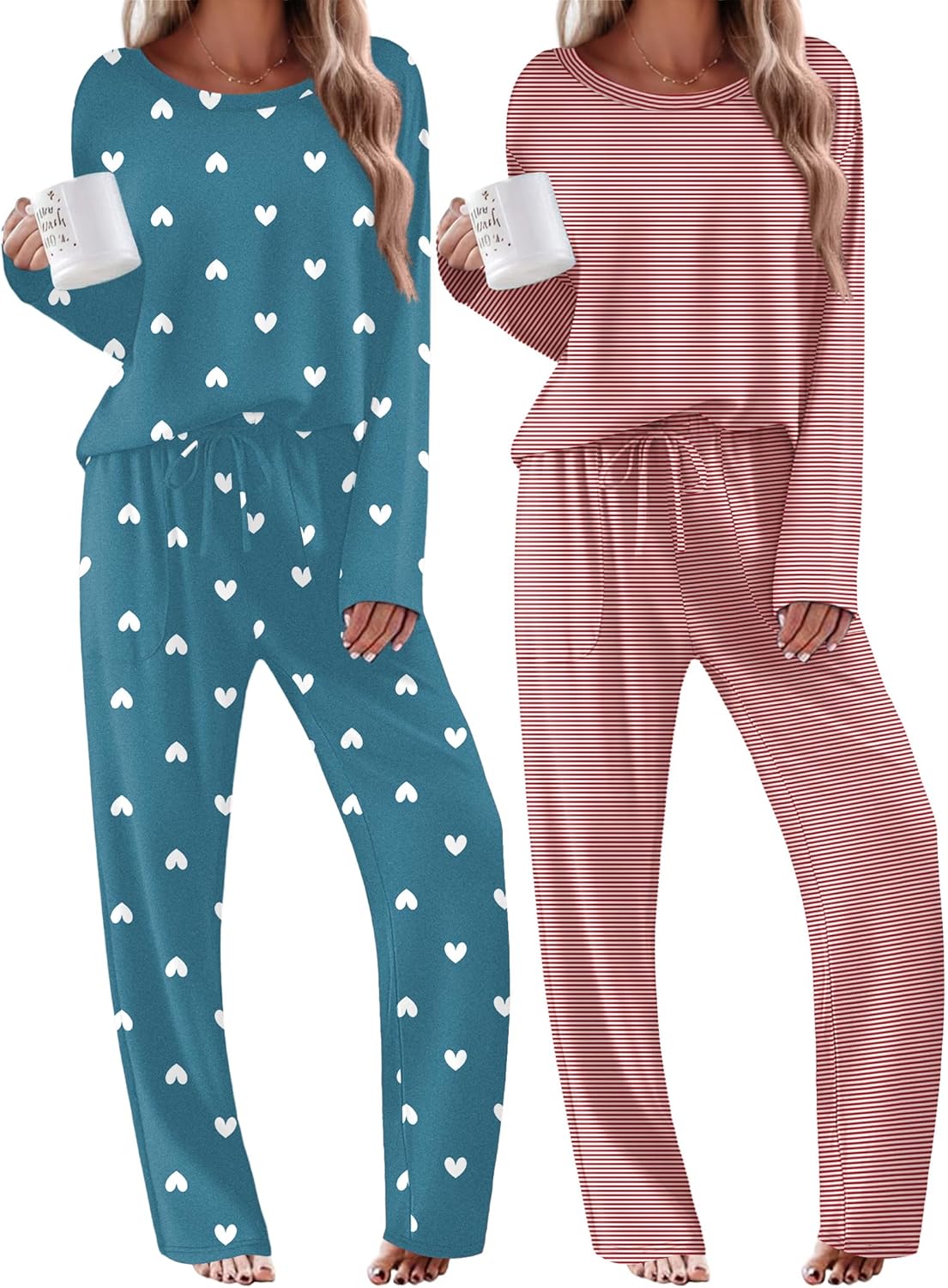 Two-piece set: blue-green heart pajama set and red striped pajama set