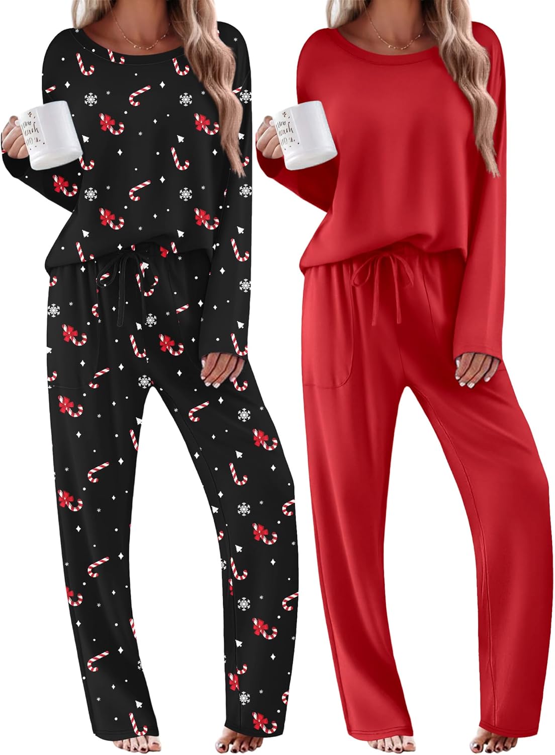 Two-piece pajamas: black with holiday motifs and red long-sleeve set