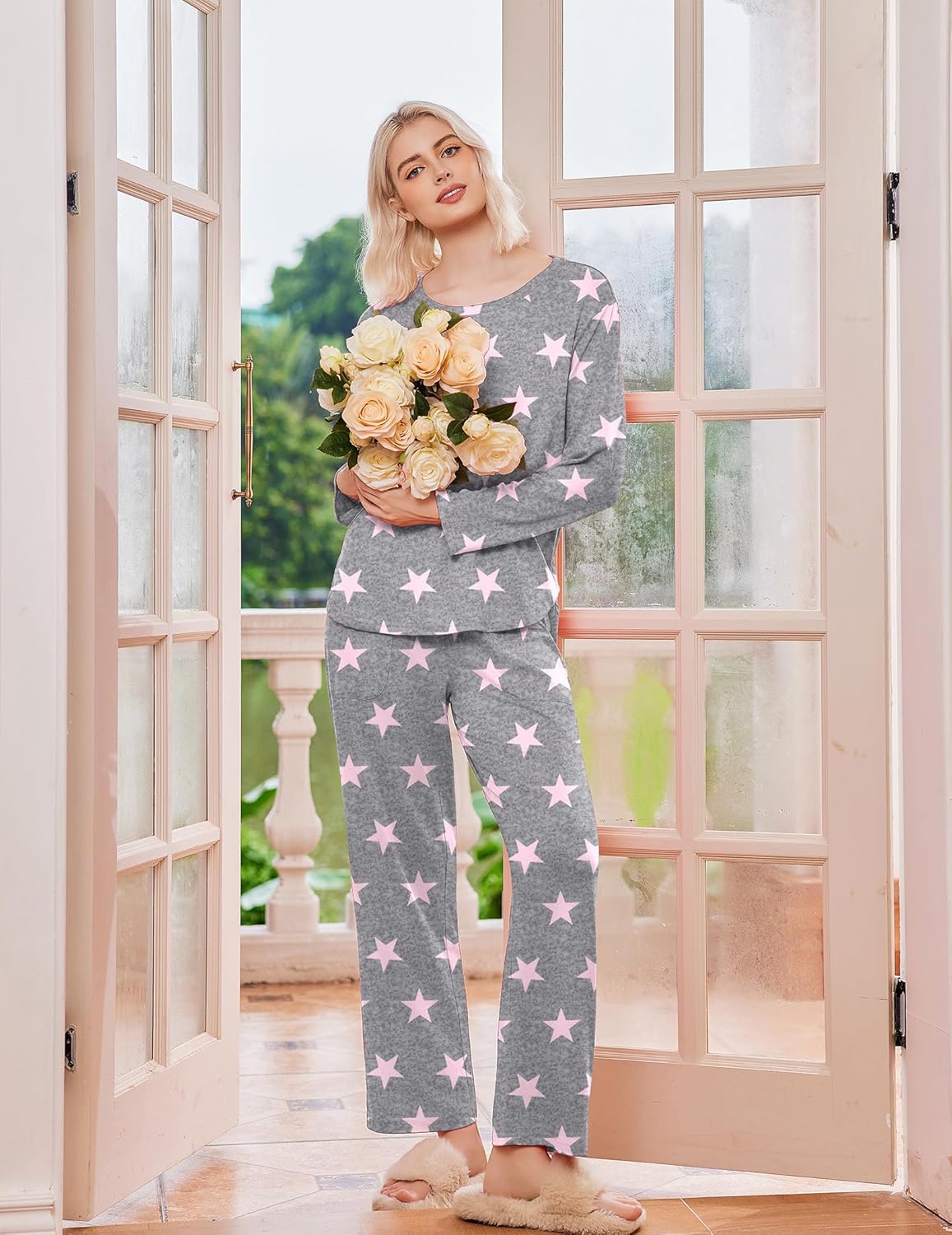 Pink star pajama set in light grey, long sleeves and wide-leg pants